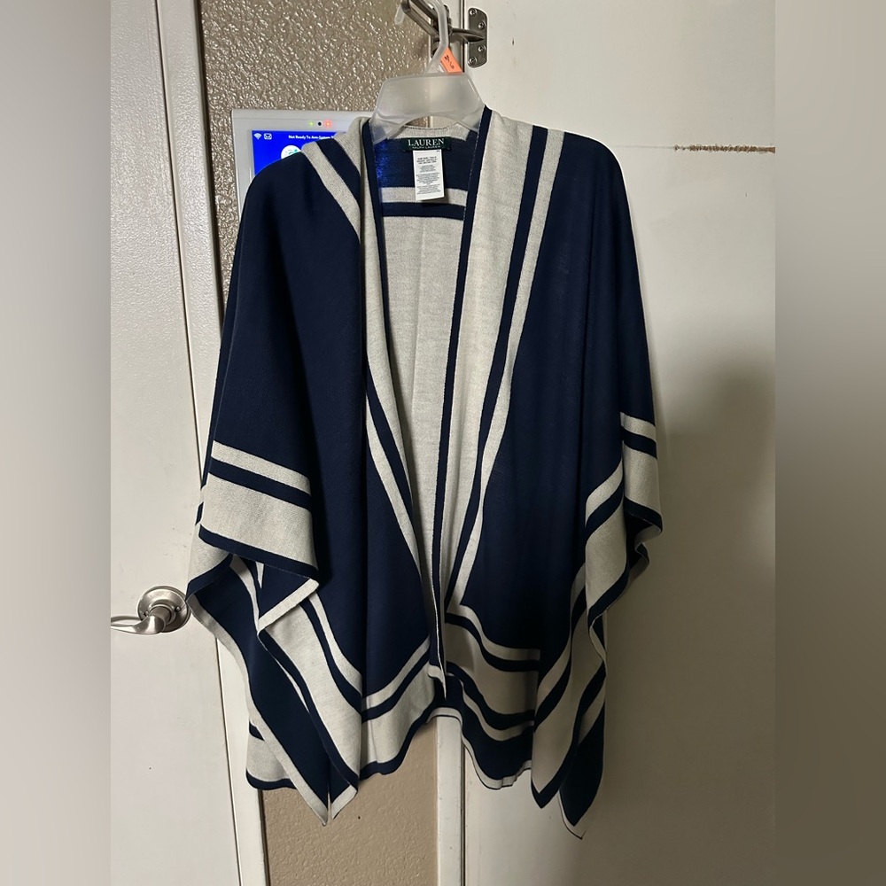 Lauren Ralph Lauren Navy and Cream Striped Wrap Poncho